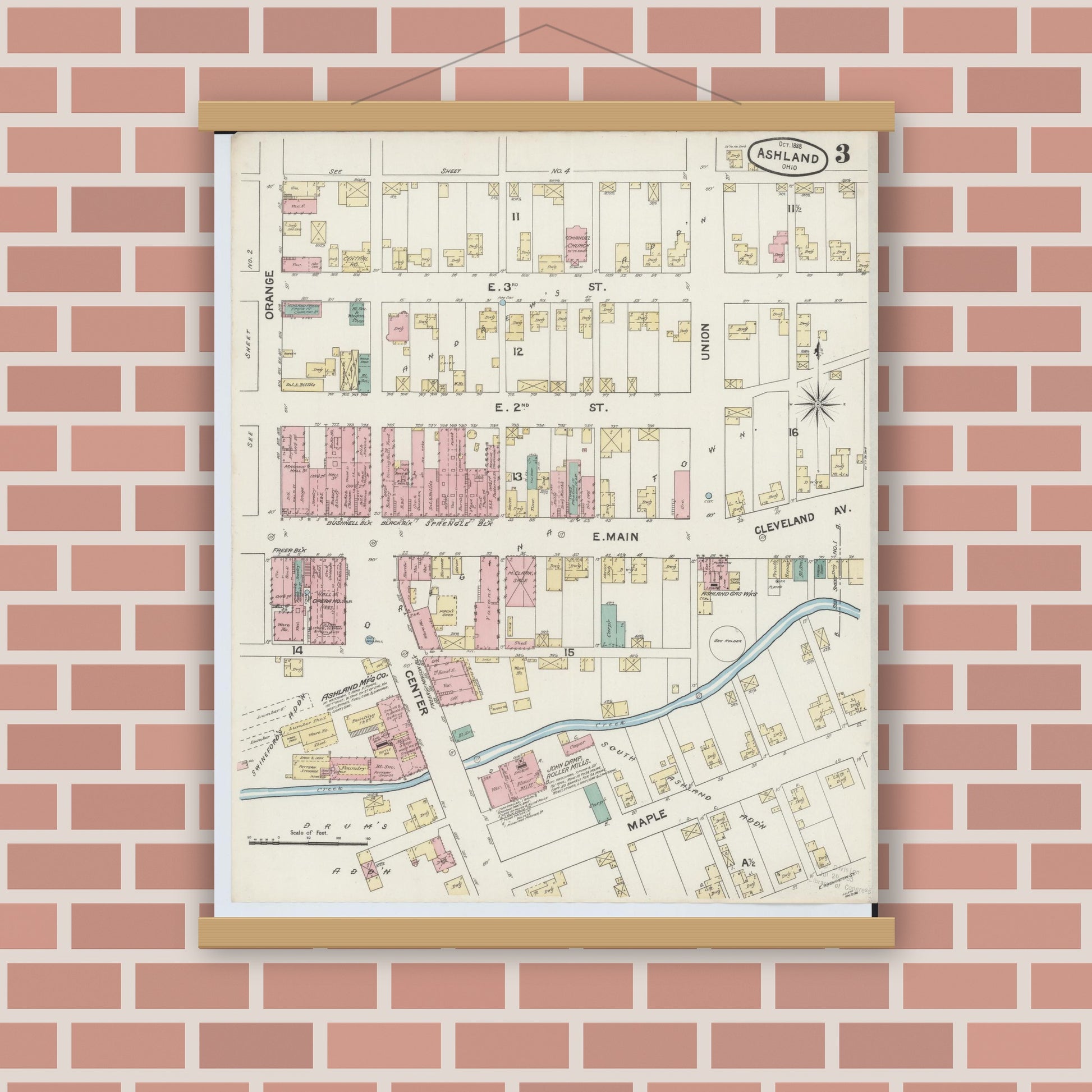 Old map wall art mockup — magnetic wood frame on brick wall — Sanborn Fire Insurance Map from Ashland, Ashland County, Ohio (1888), Sheet #0003