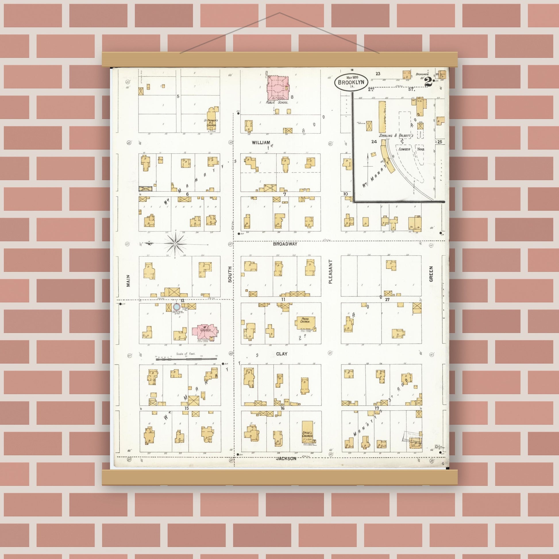 Old map wall art mockup — magnetic wood frame on brick wall — Sanborn Fire Insurance Map from Brooklyn, Poweshiek County, Iowa (1899), Sheet #0002