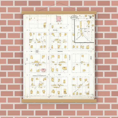 Old map wall art mockup — magnetic wood frame on brick wall — Sanborn Fire Insurance Map from Brooklyn, Poweshiek County, Iowa (1899), Sheet #0002