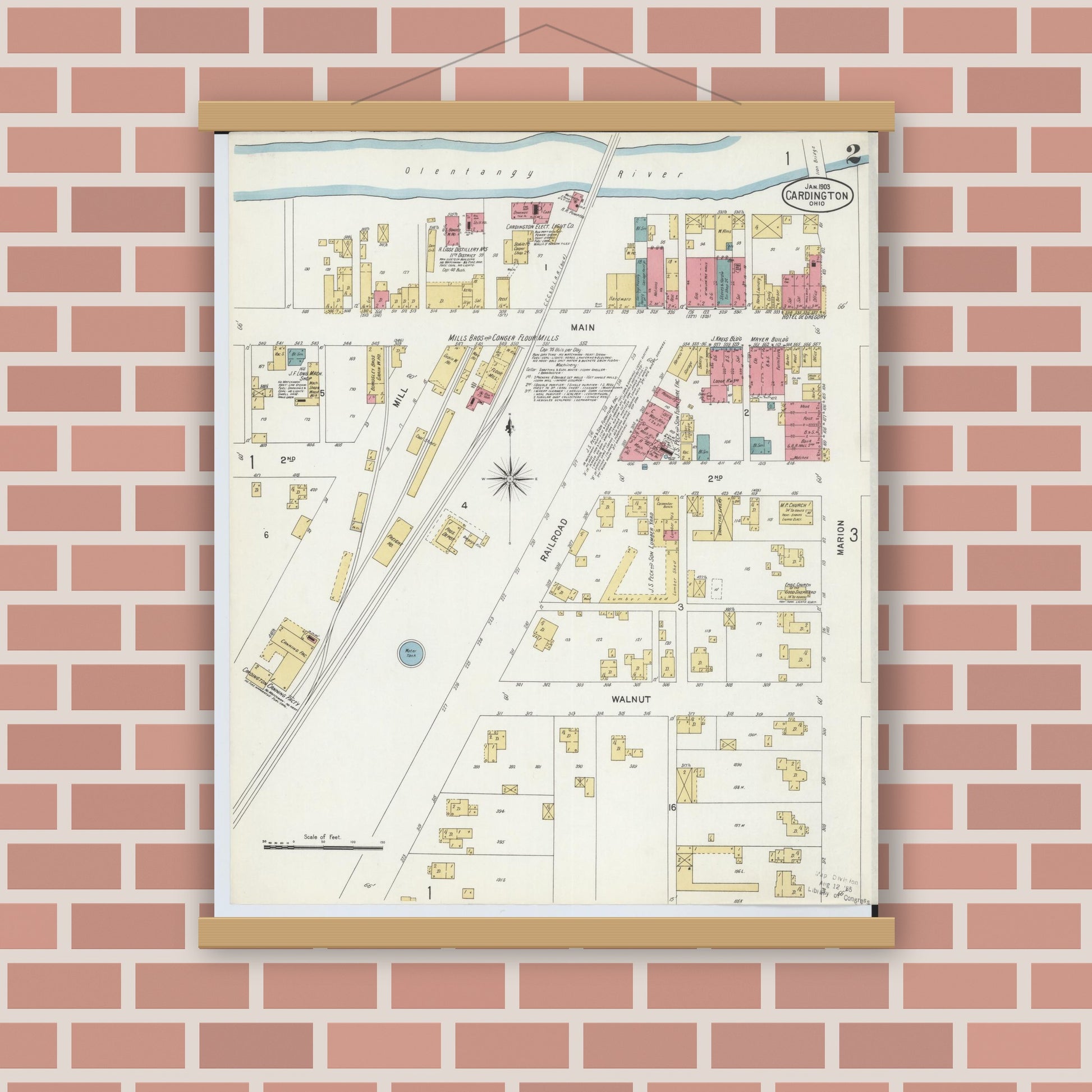 Old map wall art mockup — magnetic wood frame on brick wall — Sanborn Fire Insurance Map from Cardington, Morrow County, Ohio (1903), Sheet #0002