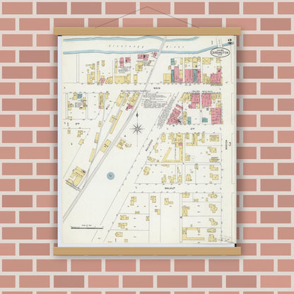 Old map wall art mockup — magnetic wood frame on brick wall — Sanborn Fire Insurance Map from Cardington, Morrow County, Ohio (1903), Sheet #0002