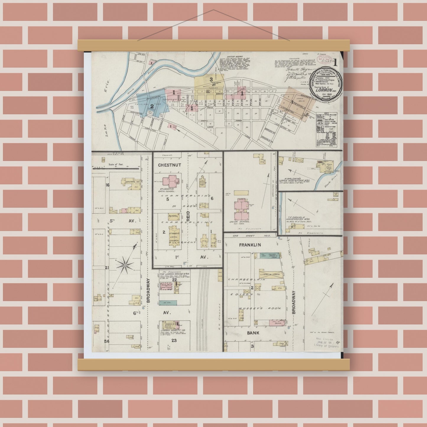 Old map wall art mockup — magnetic wood frame on brick wall — Sanborn Fire Insurance Map from Lorain, Lorain County, Ohio (1888) - Complete Map Set