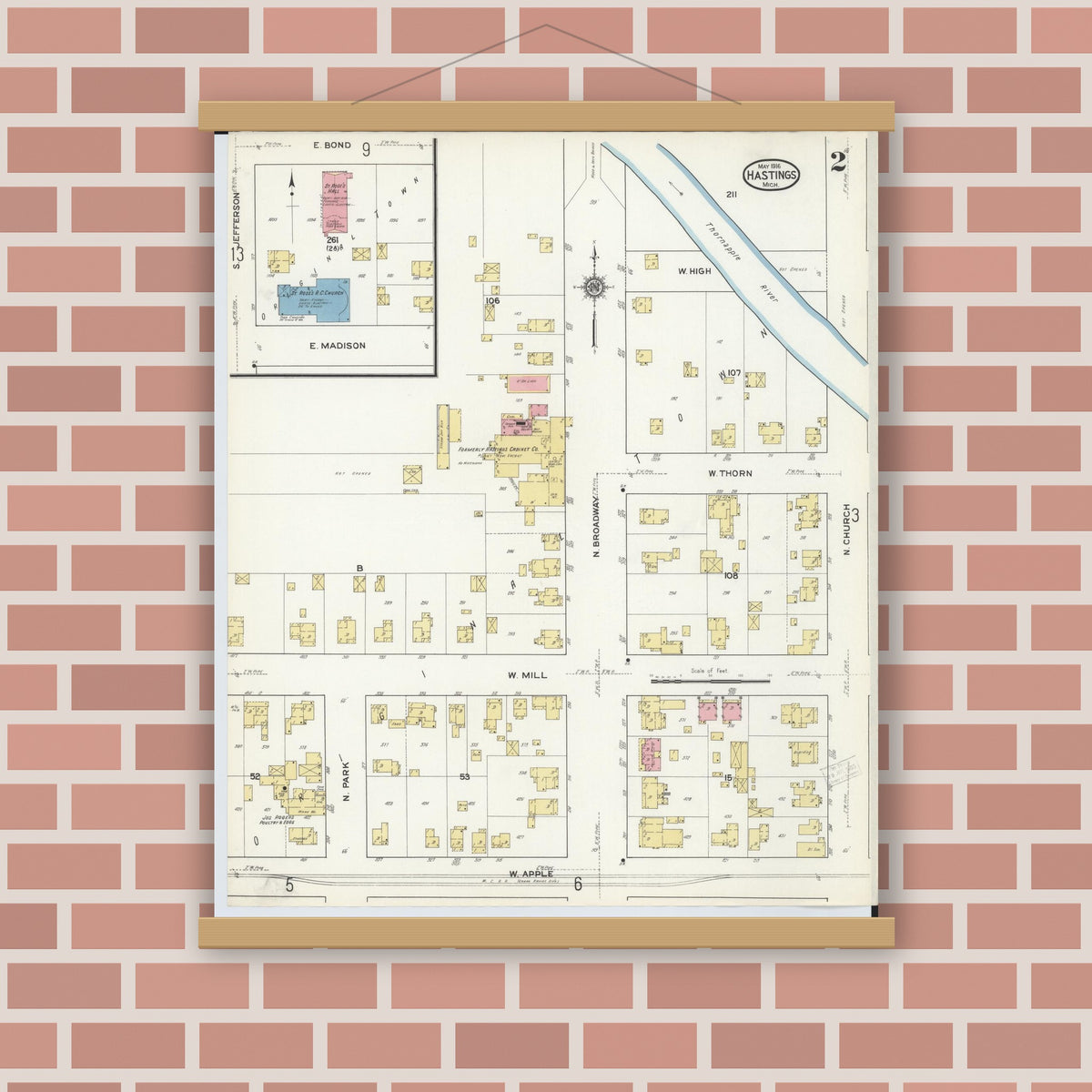 Old map wall art mockup — magnetic wood frame on brick wall — Sanborn Fire Insurance Map from Hastings, Barry County, Michigan (1916), Sheet #0002