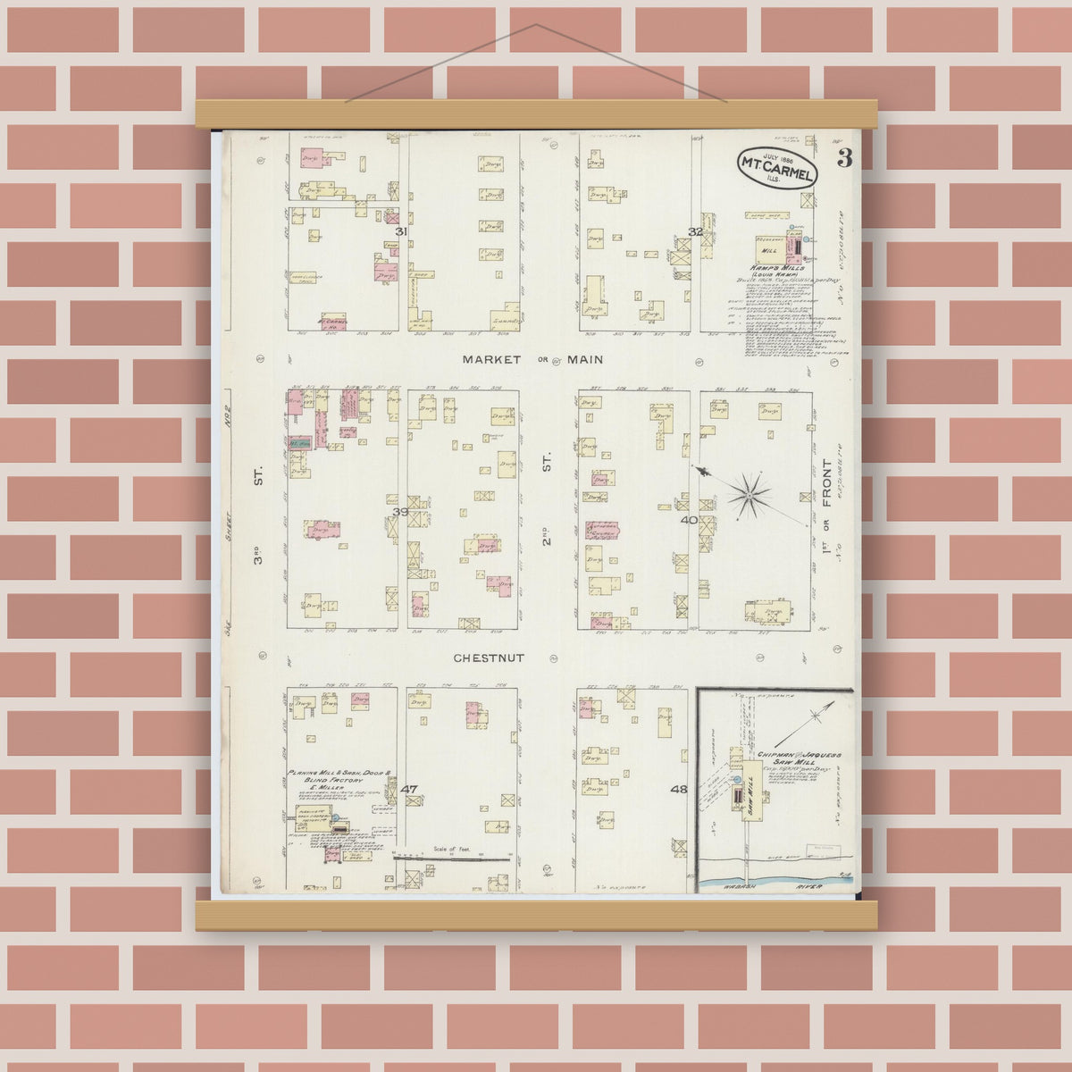 Old map wall art mockup — magnetic wood frame on brick wall — Sanborn Fire Insurance Map from Mount Carmel, Wabash County, Illinois (1886), Sheet #0003