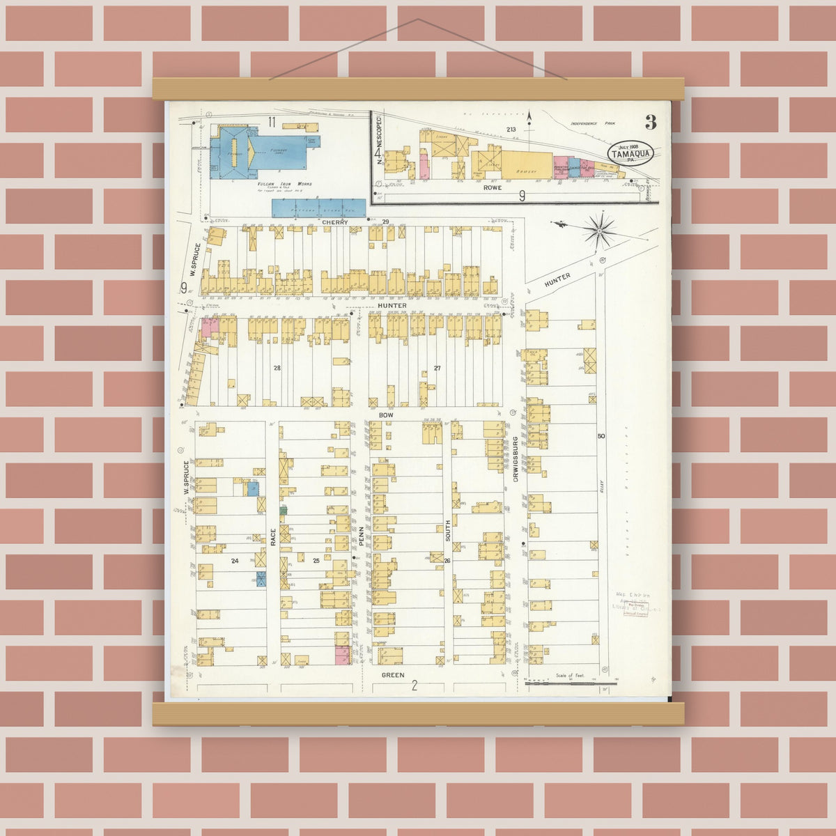 Old map wall art mockup — magnetic wood frame on brick wall — Sanborn Fire Insurance Map from Tamaqua, Schuylkill County, Pennsylvania (1908), Sheet #0003