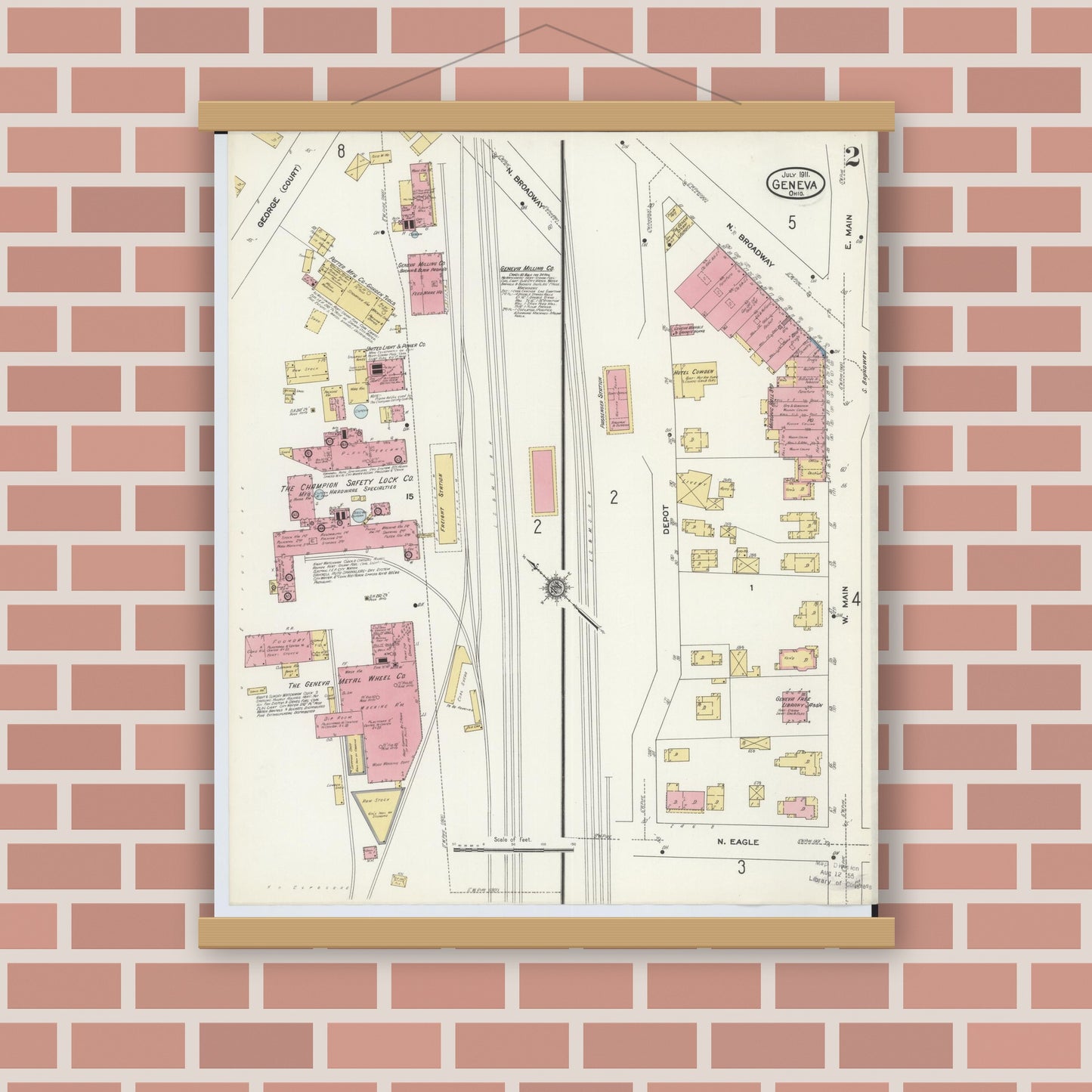 Old map wall art mockup — magnetic wood frame on brick wall — Sanborn Fire Insurance Map from Geneva, Ashtabula County, Ohio (1911), Sheet #0002