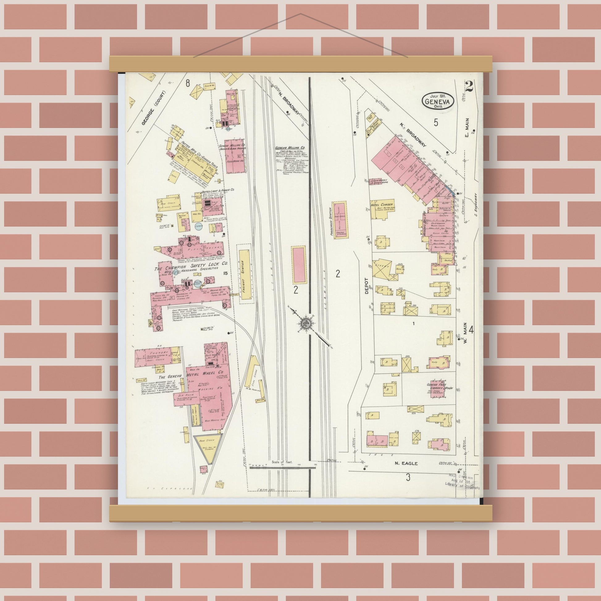 Old map wall art mockup — magnetic wood frame on brick wall — Sanborn Fire Insurance Map from Geneva, Ashtabula County, Ohio (1911), Sheet #0002