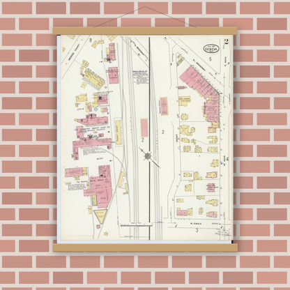 Old map wall art mockup — magnetic wood frame on brick wall — Sanborn Fire Insurance Map from Geneva, Ashtabula County, Ohio (1911), Sheet #0002