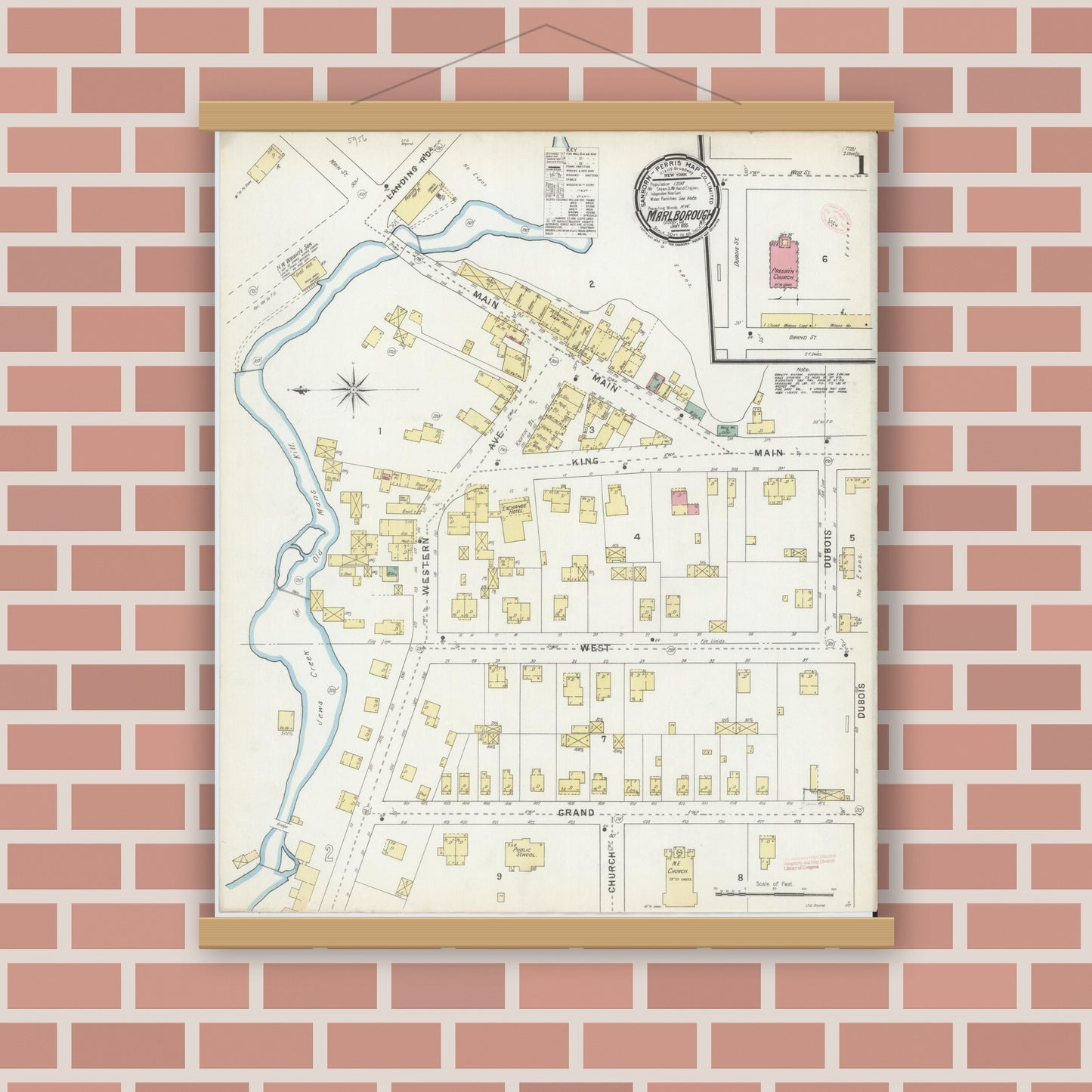 Old map wall art mockup — magnetic wood frame on brick wall — Sanborn Fire Insurance Map from Marlborough, Ulster County, New York (1895), Sheet #0001