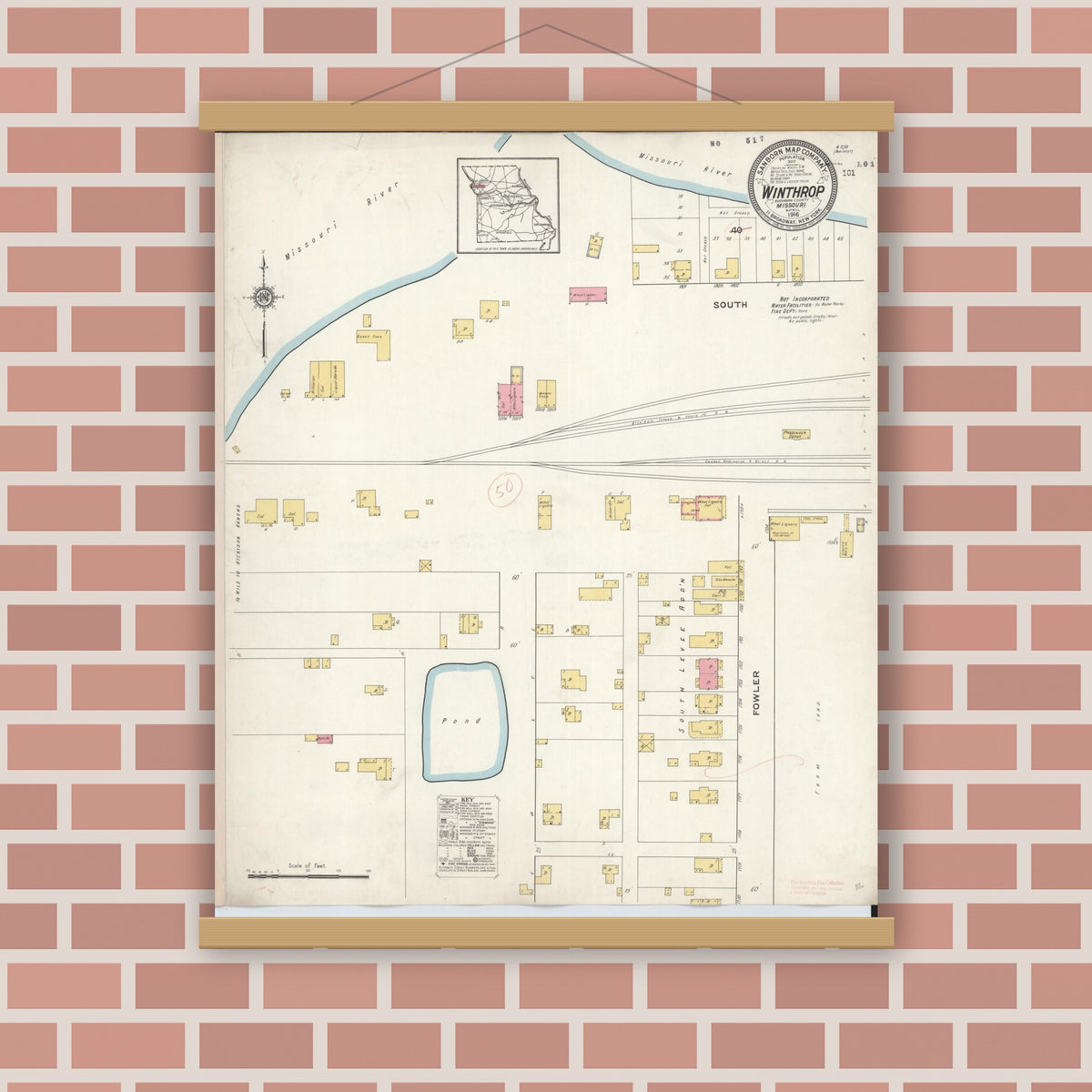 Old map wall art mockup — magnetic wood frame on brick wall — Sanborn Fire Insurance Map from Winthrop, Buchanan County, Missouri (1916), Sheet #0001