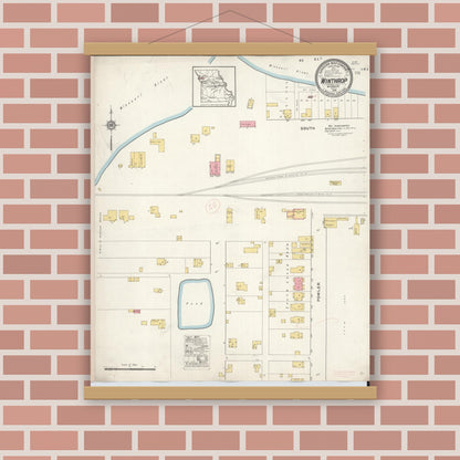 Old map wall art mockup — magnetic wood frame on brick wall — Sanborn Fire Insurance Map from Winthrop, Buchanan County, Missouri (1916), Sheet #0001