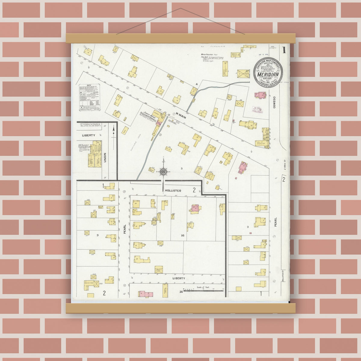Old map wall art mockup — magnetic wood frame on brick wall — Sanborn Fire Insurance Map from Meridian, Cayuga County, New York (1911) - Complete Map Set
