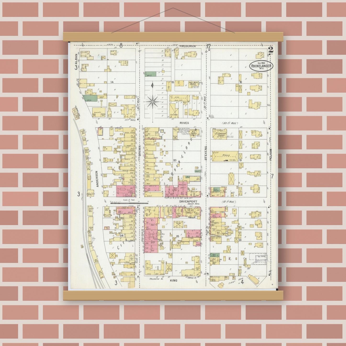 Old map wall art mockup — magnetic wood frame on brick wall — Sanborn Fire Insurance Map from Rhinelander, Oneida County, Wisconsin (1900), Sheet #0002