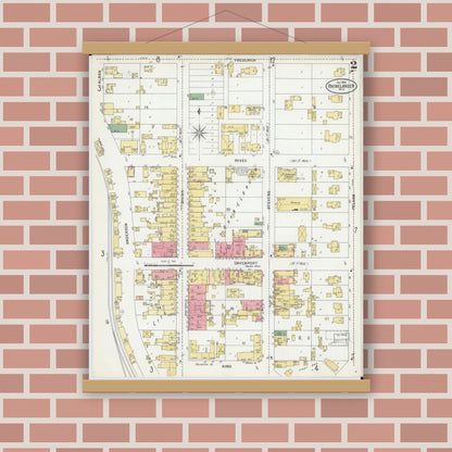 Old map wall art mockup — magnetic wood frame on brick wall — Sanborn Fire Insurance Map from Rhinelander, Oneida County, Wisconsin (1900), Sheet #0002
