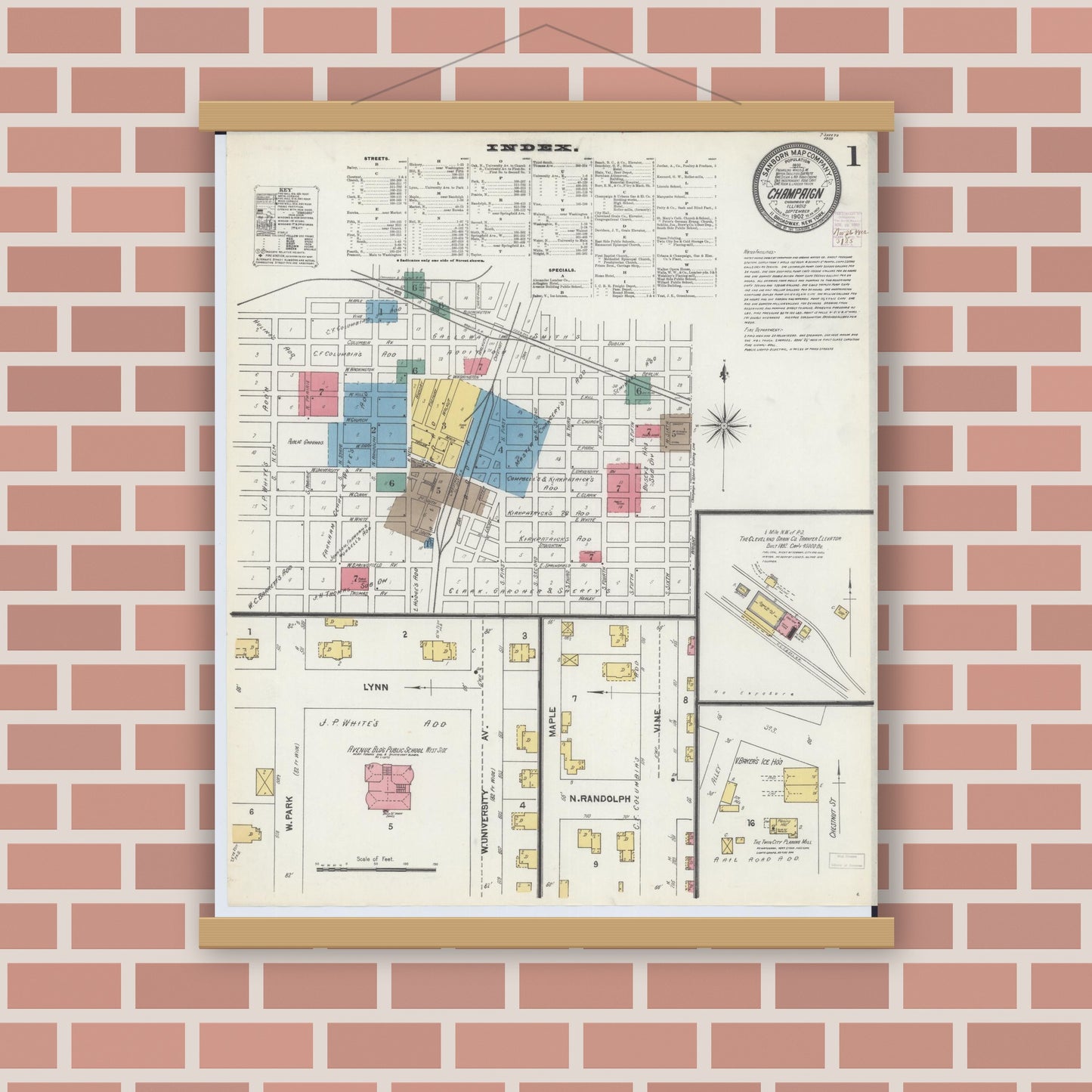 Old map wall art mockup — magnetic wood frame on brick wall — Sanborn Fire Insurance Map from Champaign, Champaign County, Illinois (1902) - Complete Map Set