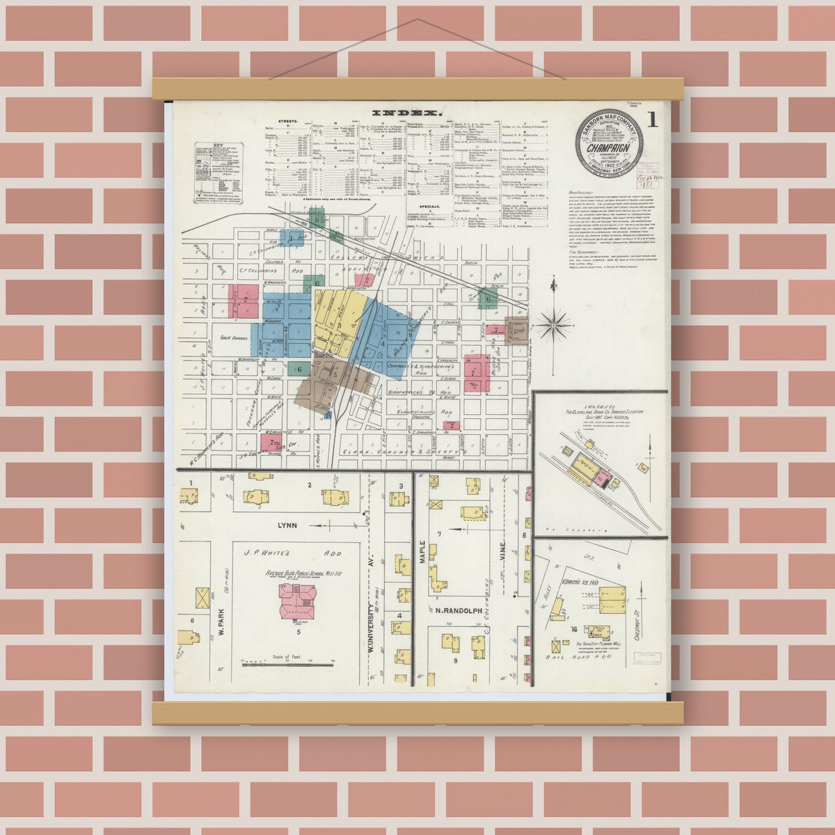 Old map wall art mockup — magnetic wood frame on brick wall — Sanborn Fire Insurance Map from Champaign, Champaign County, Illinois (1902) - Complete Map Set