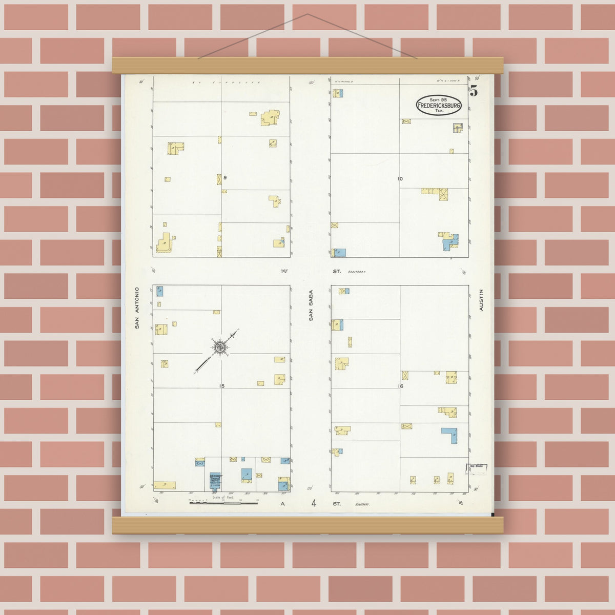 Old map wall art mockup — magnetic wood frame on brick wall — Sanborn Fire Insurance Map from Fredericksburg, Gillespie County, Texas (1915), Sheet #0005