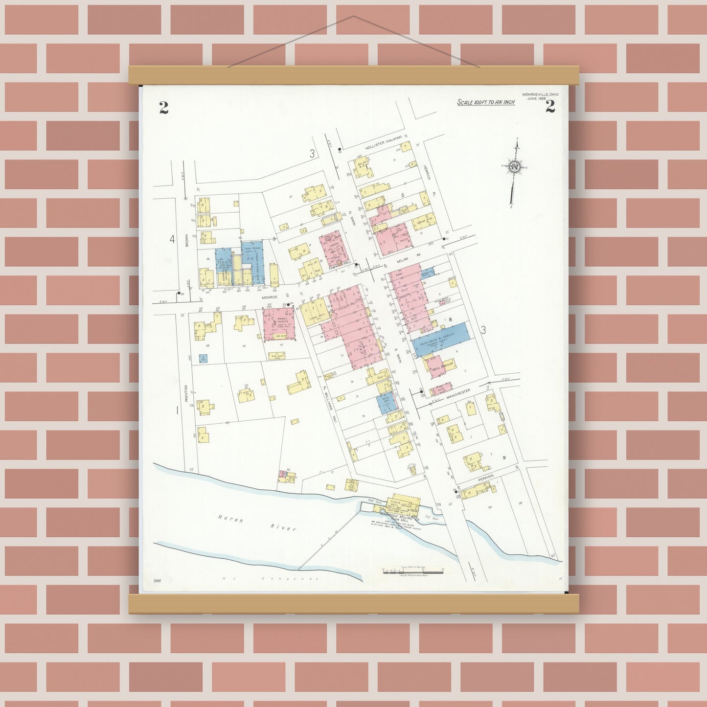 Old map wall art mockup — magnetic wood frame on brick wall — Sanborn Fire Insurance Map from Monroeville, Huron County, Ohio (1939), Sheet #0002