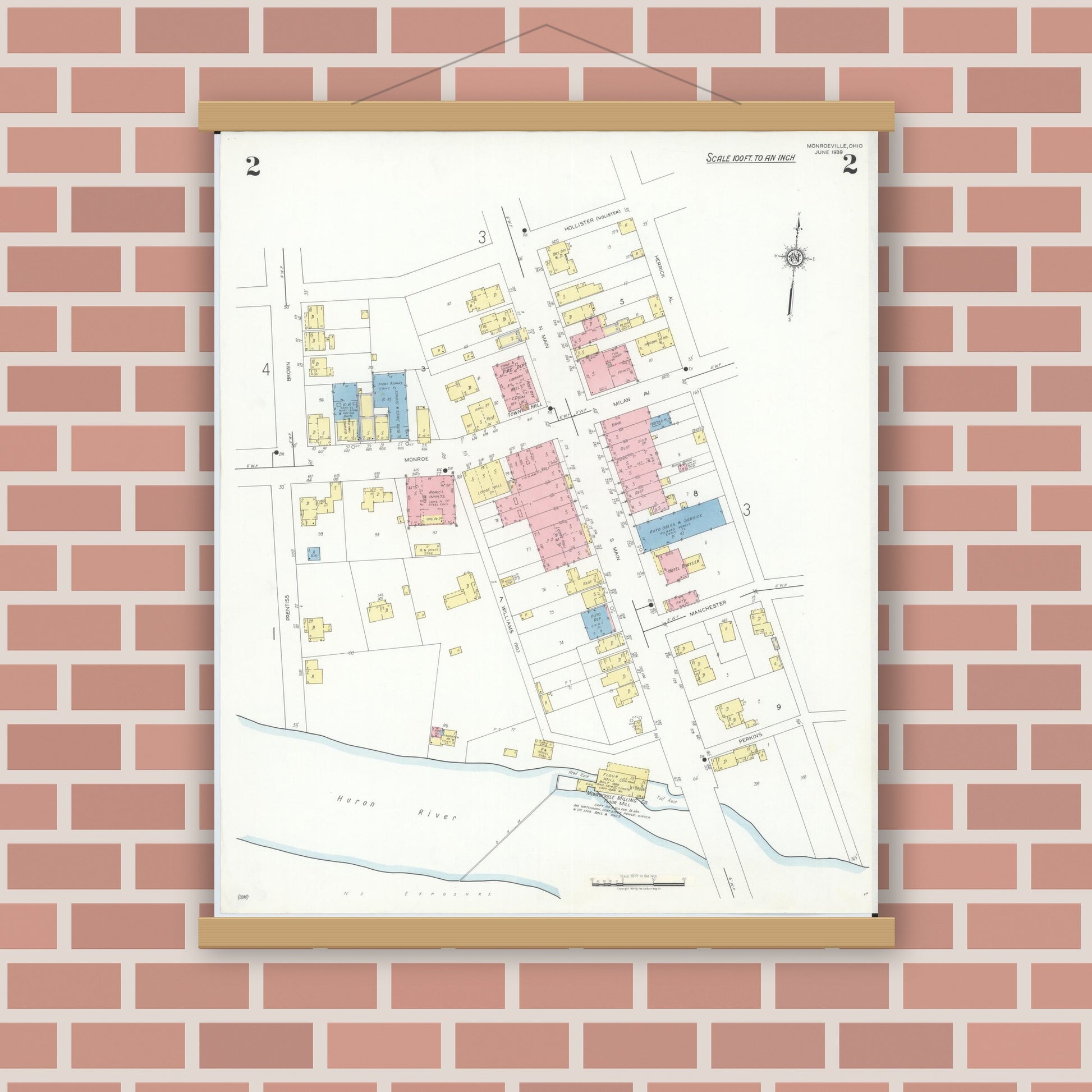 Old map wall art mockup — magnetic wood frame on brick wall — Sanborn Fire Insurance Map from Monroeville, Huron County, Ohio (1939), Sheet #0002
