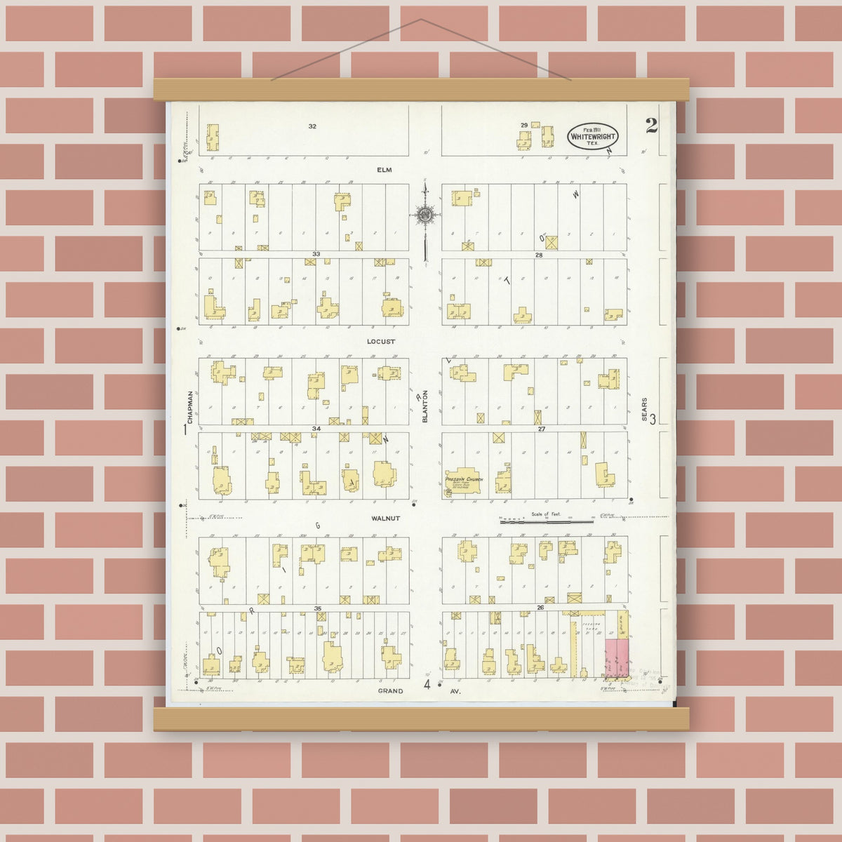 Old map wall art mockup — magnetic wood frame on brick wall — Sanborn Fire Insurance Map from Whitewright, Grayson County, Texas (1911), Sheet #0002