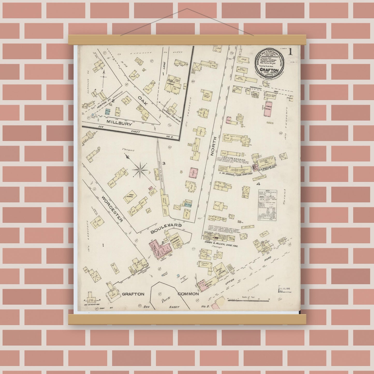 Old map wall art mockup — magnetic wood frame on brick wall — Sanborn Fire Insurance Map from Grafton, Worcester County, Massachusetts (1885) - Complete Map Set