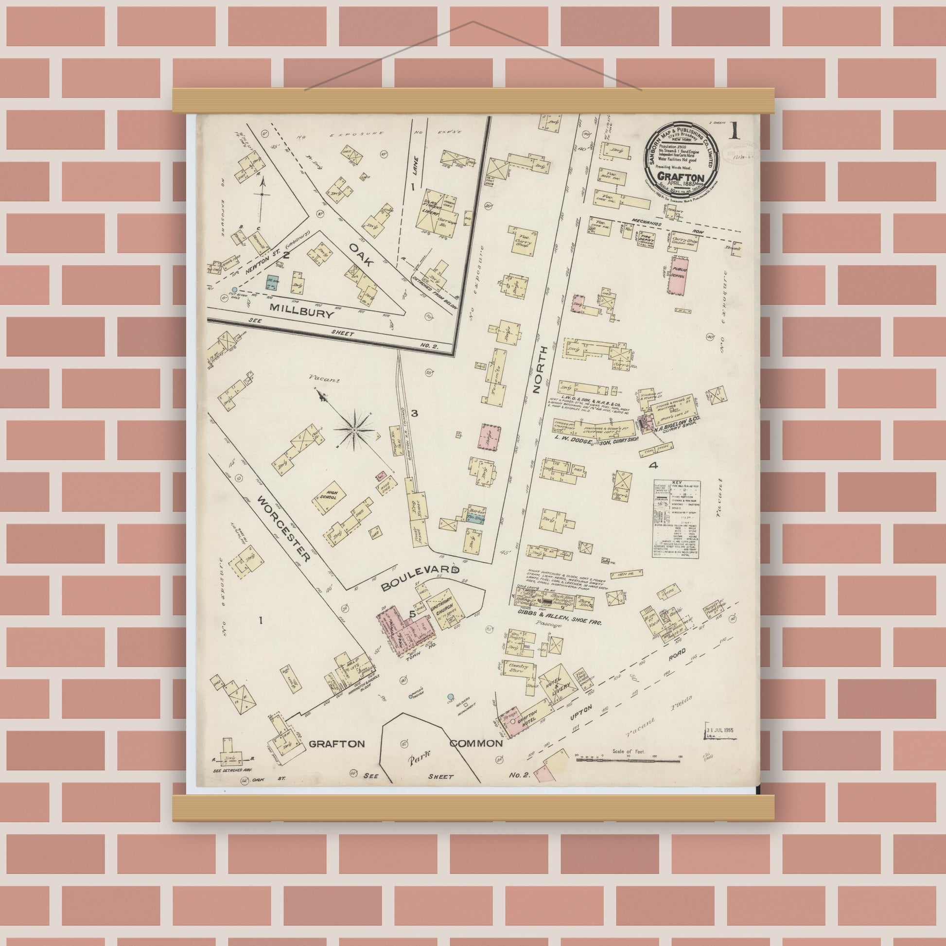 Old map wall art mockup — magnetic wood frame on brick wall — Sanborn Fire Insurance Map from Grafton, Worcester County, Massachusetts (1885) - Complete Map Set