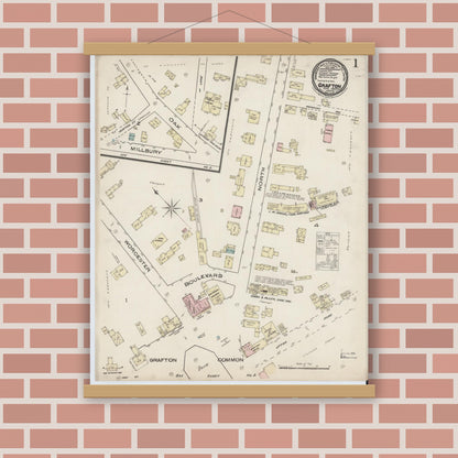 Old map wall art mockup — magnetic wood frame on brick wall — Sanborn Fire Insurance Map from Grafton, Worcester County, Massachusetts (1885) - Complete Map Set