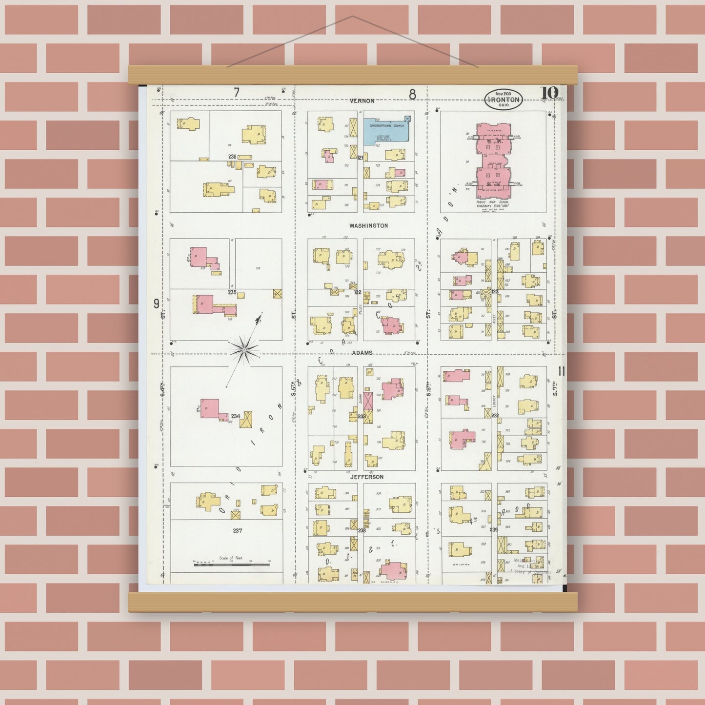 Old map wall art mockup — magnetic wood frame on brick wall — Sanborn Fire Insurance Map from Ironton, Lawrence County, Ohio (1900), Sheet #0010