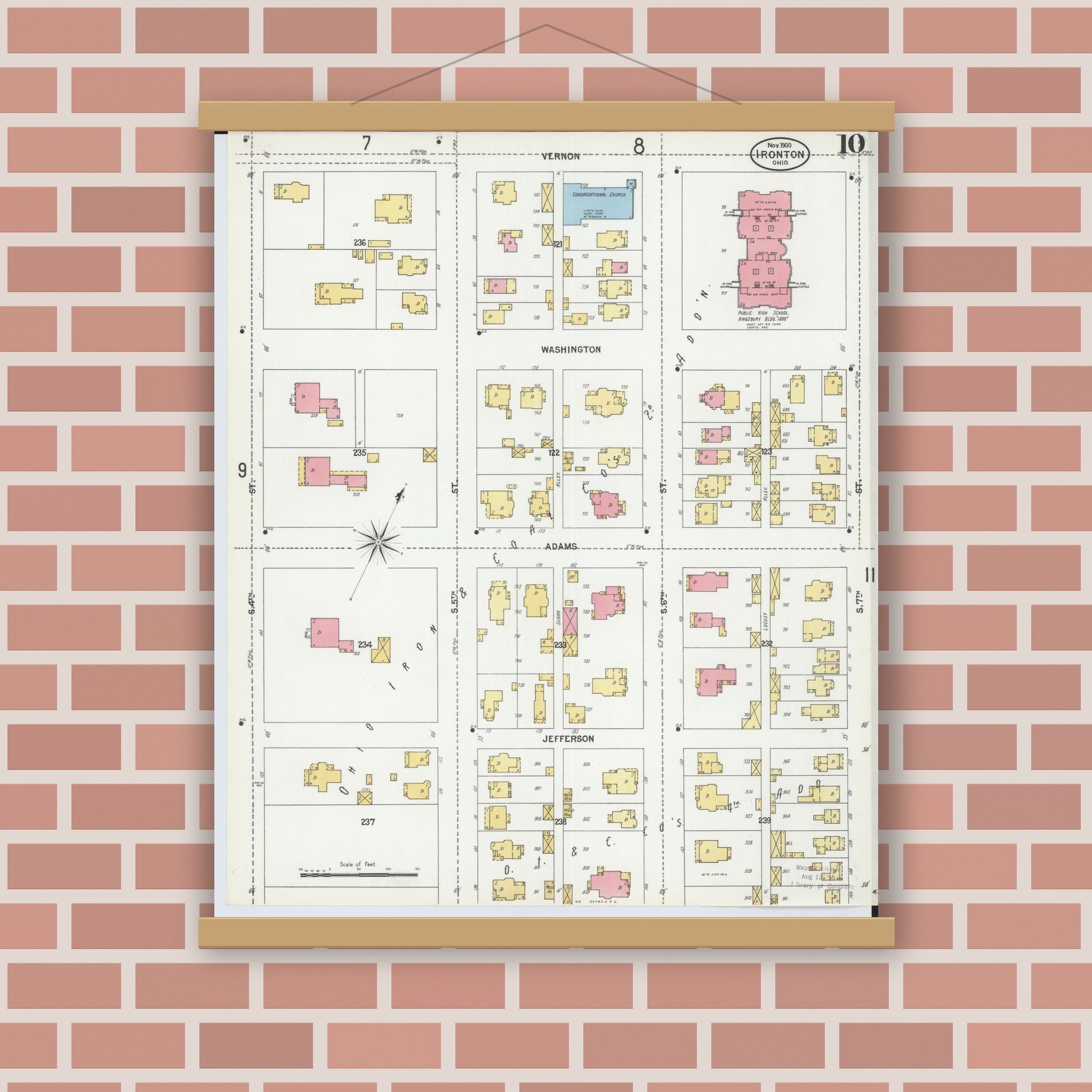 Old map wall art mockup — magnetic wood frame on brick wall — Sanborn Fire Insurance Map from Ironton, Lawrence County, Ohio (1900), Sheet #0010