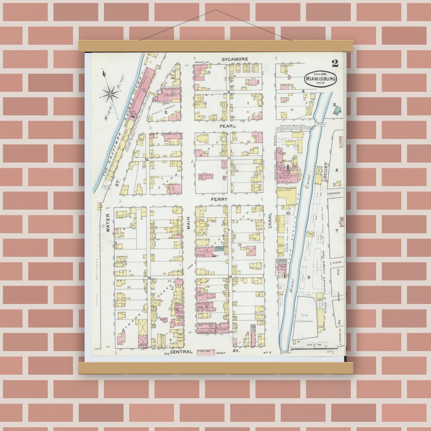 Old map wall art mockup — magnetic wood frame on brick wall — Sanborn Fire Insurance Map from Miamisburg, Montgomery County, Ohio (1892), Sheet #0002