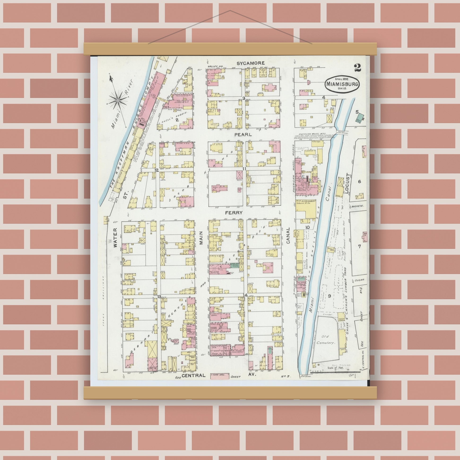 Old map wall art mockup — magnetic wood frame on brick wall — Sanborn Fire Insurance Map from Miamisburg, Montgomery County, Ohio (1892), Sheet #0002