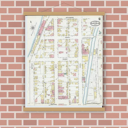 Old map wall art mockup — magnetic wood frame on brick wall — Sanborn Fire Insurance Map from Miamisburg, Montgomery County, Ohio (1892), Sheet #0002