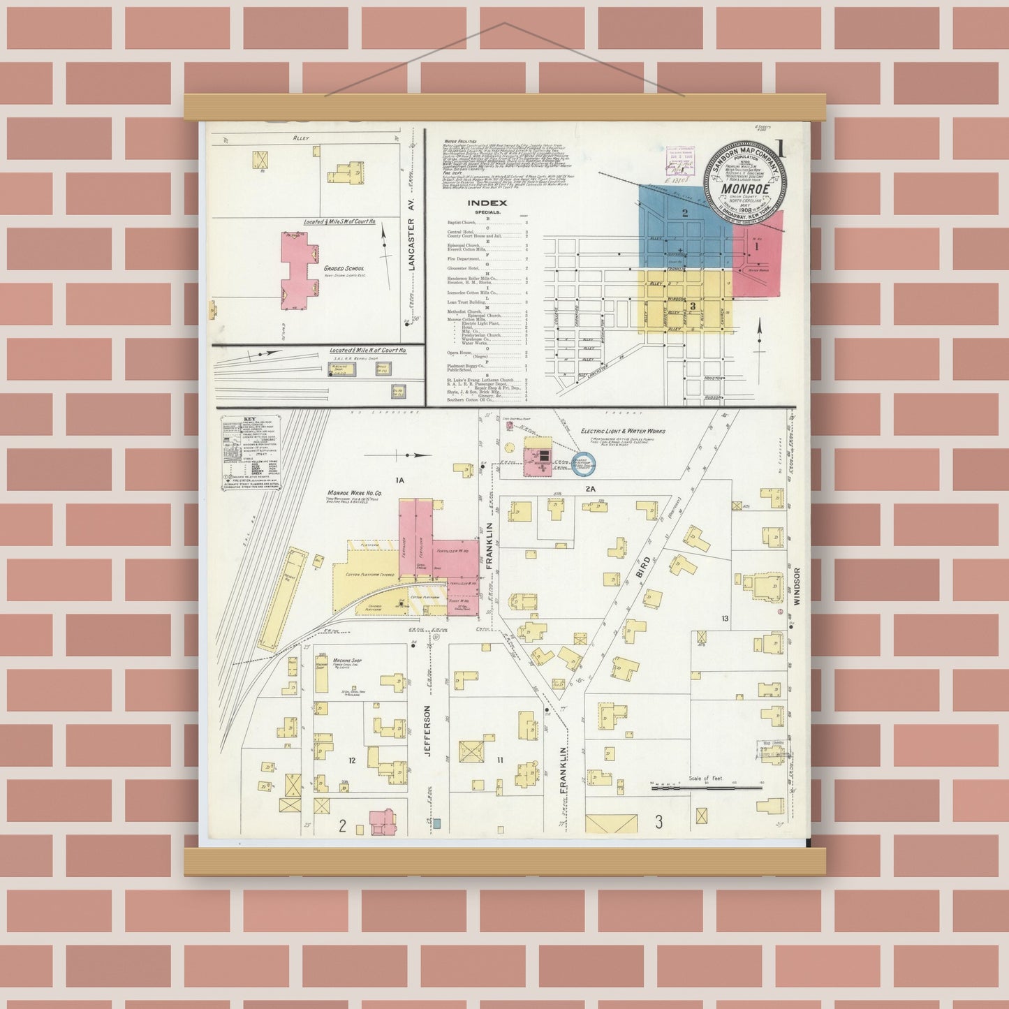 Old map wall art mockup — magnetic wood frame on brick wall — Sanborn Fire Insurance Map from Monroe, Union County, North Carolina (1908) - Complete Map Set