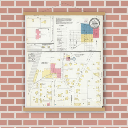 Old map wall art mockup — magnetic wood frame on brick wall — Sanborn Fire Insurance Map from Monroe, Union County, North Carolina (1908) - Complete Map Set