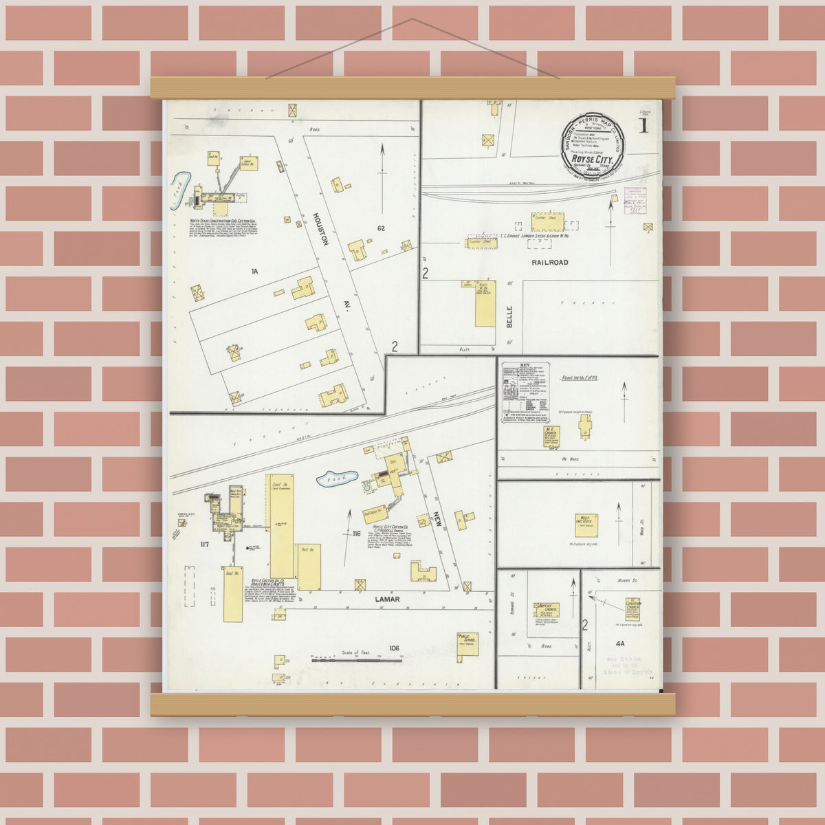 Old map wall art mockup — magnetic wood frame on brick wall — Sanborn Fire Insurance Map from Royse City, Rockwell County, Texas (1901), Sheet #0001