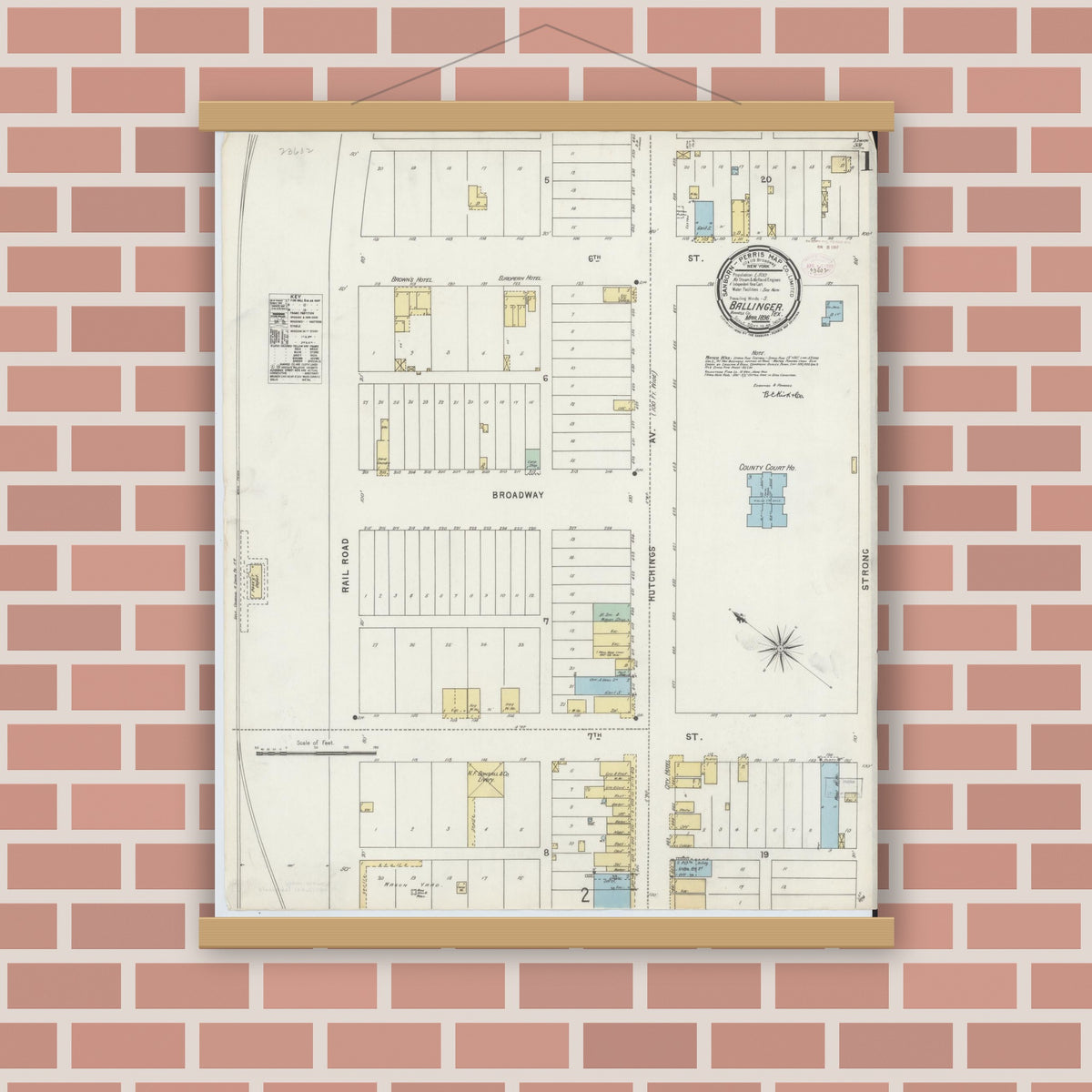 Old map wall art mockup — magnetic wood frame on brick wall — Sanborn Fire Insurance Map from Ballinger, Runnels County, Texas (1896) - Complete Map Set