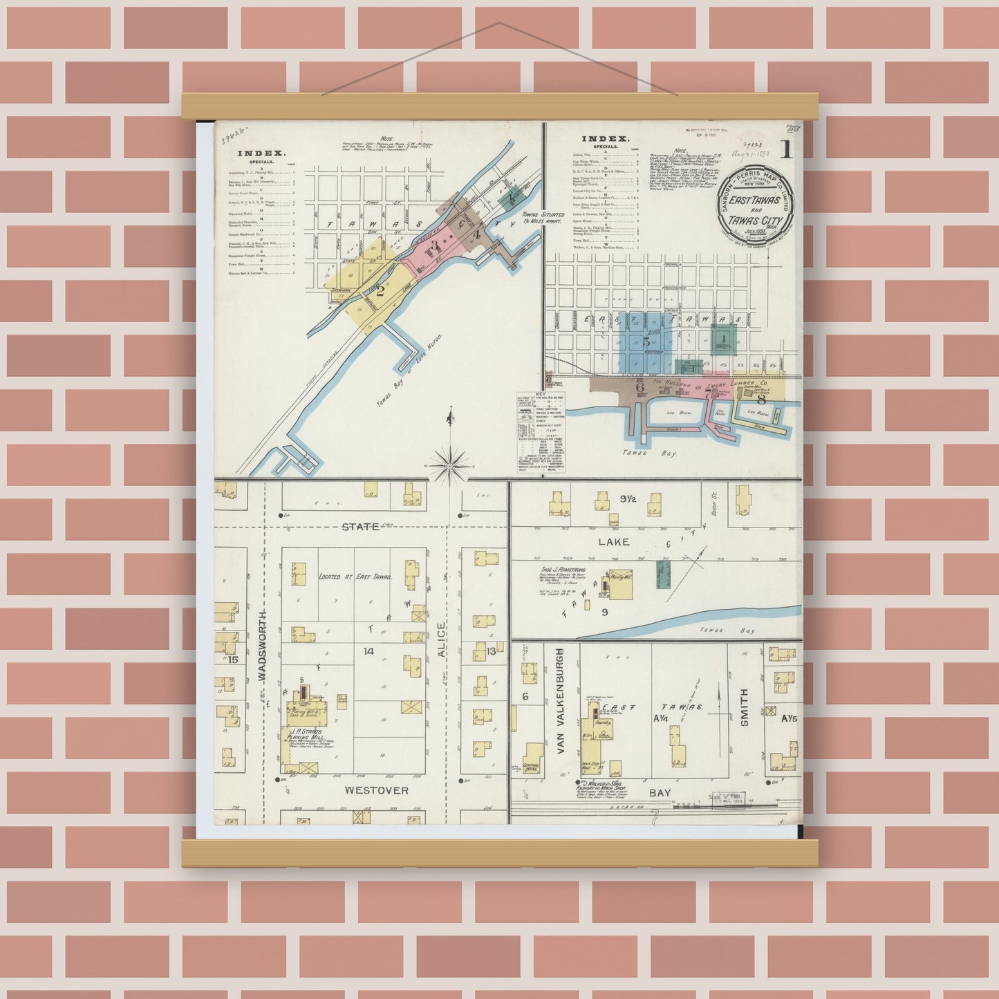Old map wall art mockup — magnetic wood frame on brick wall — Sanborn Fire Insurance Map from East Tawas, Iosco County, Michigan (1893), Sheet #0001