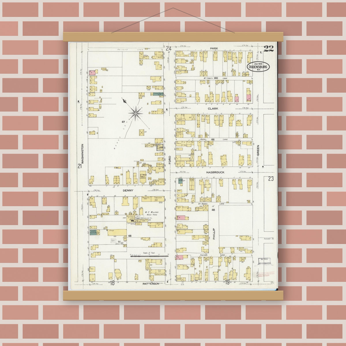 Old map wall art mockup — magnetic wood frame on brick wall — Sanborn Fire Insurance Map from Ogdensburg, St. Lawrence County, New York (1909), Sheet #0022