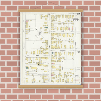 Old map wall art mockup — magnetic wood frame on brick wall — Sanborn Fire Insurance Map from Ogdensburg, St. Lawrence County, New York (1909), Sheet #0022