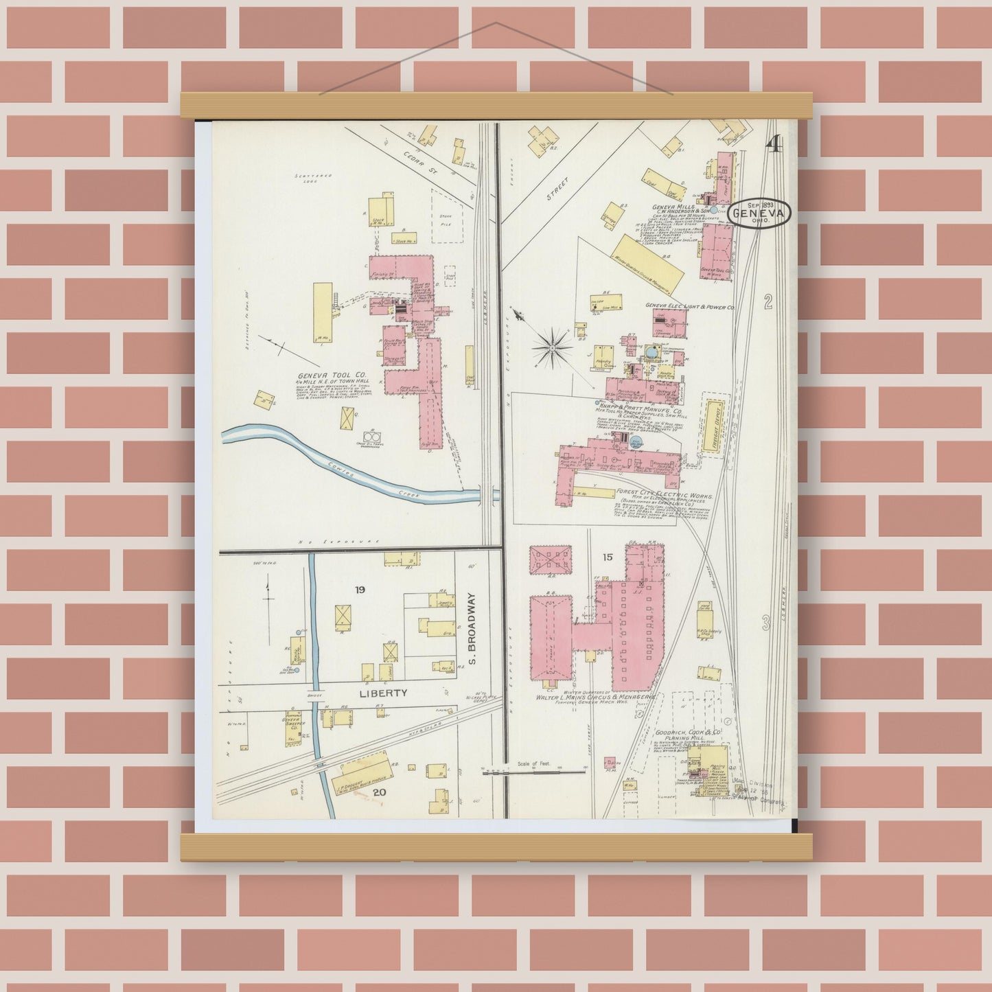 Old map wall art mockup — magnetic wood frame on brick wall — Sanborn Fire Insurance Map from Geneva, Ashtabula County, Ohio (1893), Sheet #0004