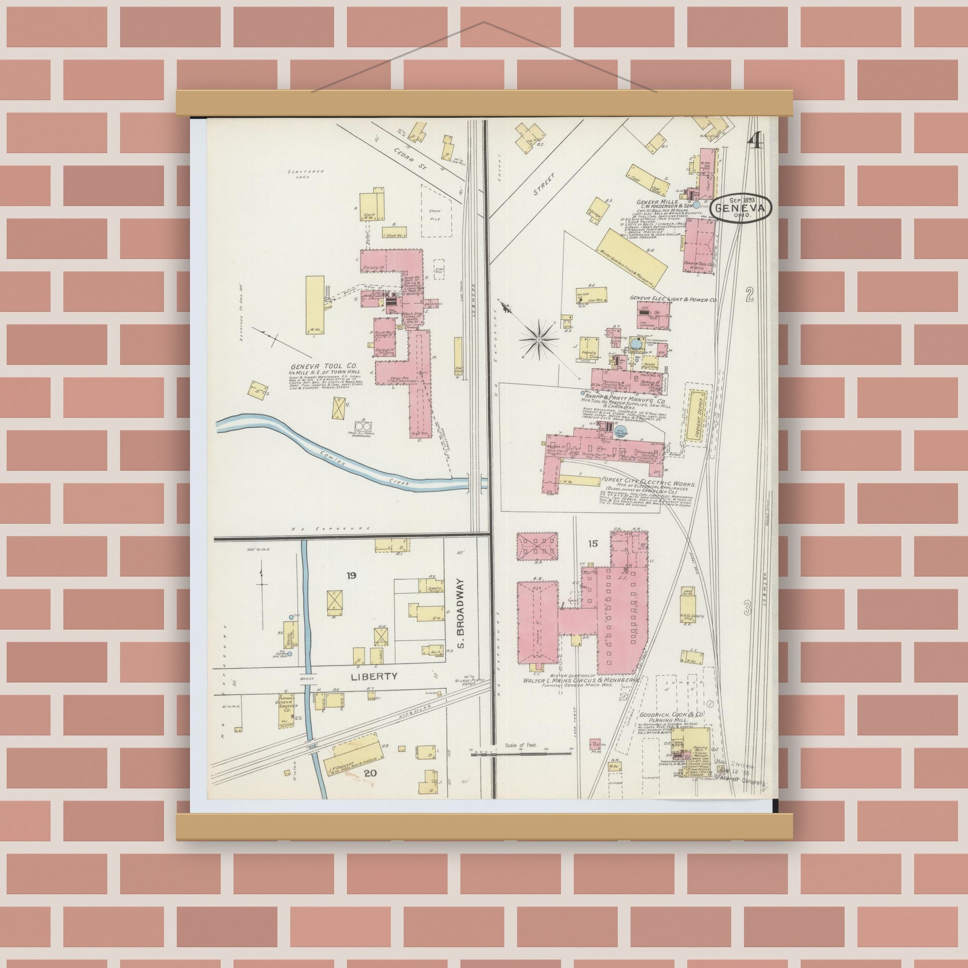 Old map wall art mockup — magnetic wood frame on brick wall — Sanborn Fire Insurance Map from Geneva, Ashtabula County, Ohio (1893), Sheet #0004
