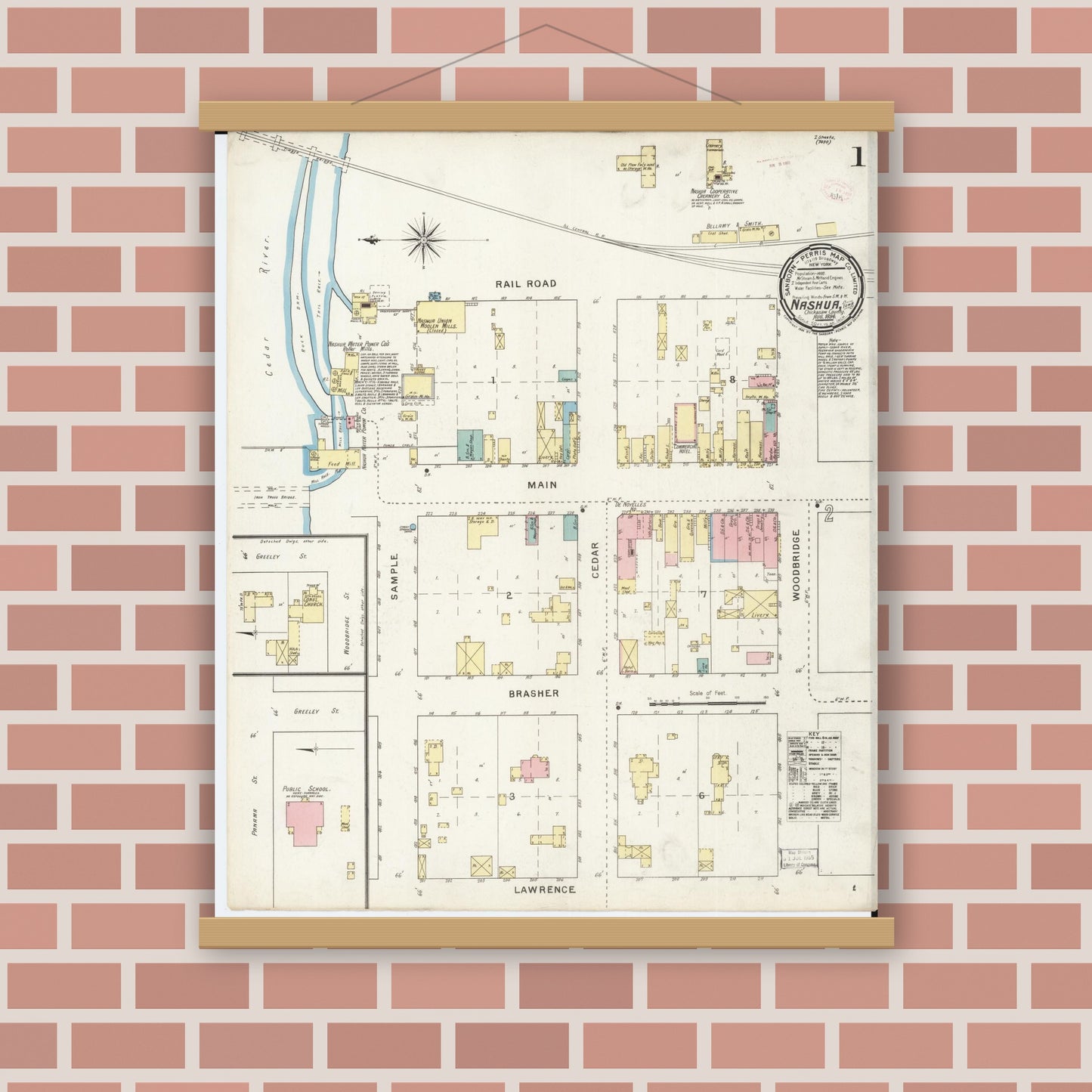 Old map wall art mockup — magnetic wood frame on brick wall — Sanborn Fire Insurance Map from Nashua, Chickasaw County, Iowa (1894) â€” Complete Set