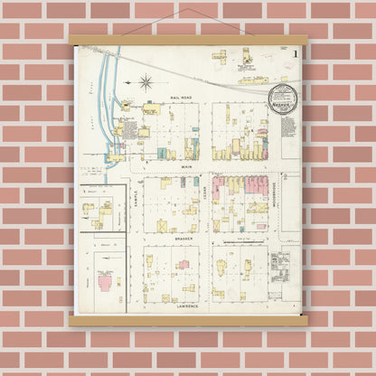 Old map wall art mockup — magnetic wood frame on brick wall — Sanborn Fire Insurance Map from Nashua, Chickasaw County, Iowa (1894) â€” Complete Set