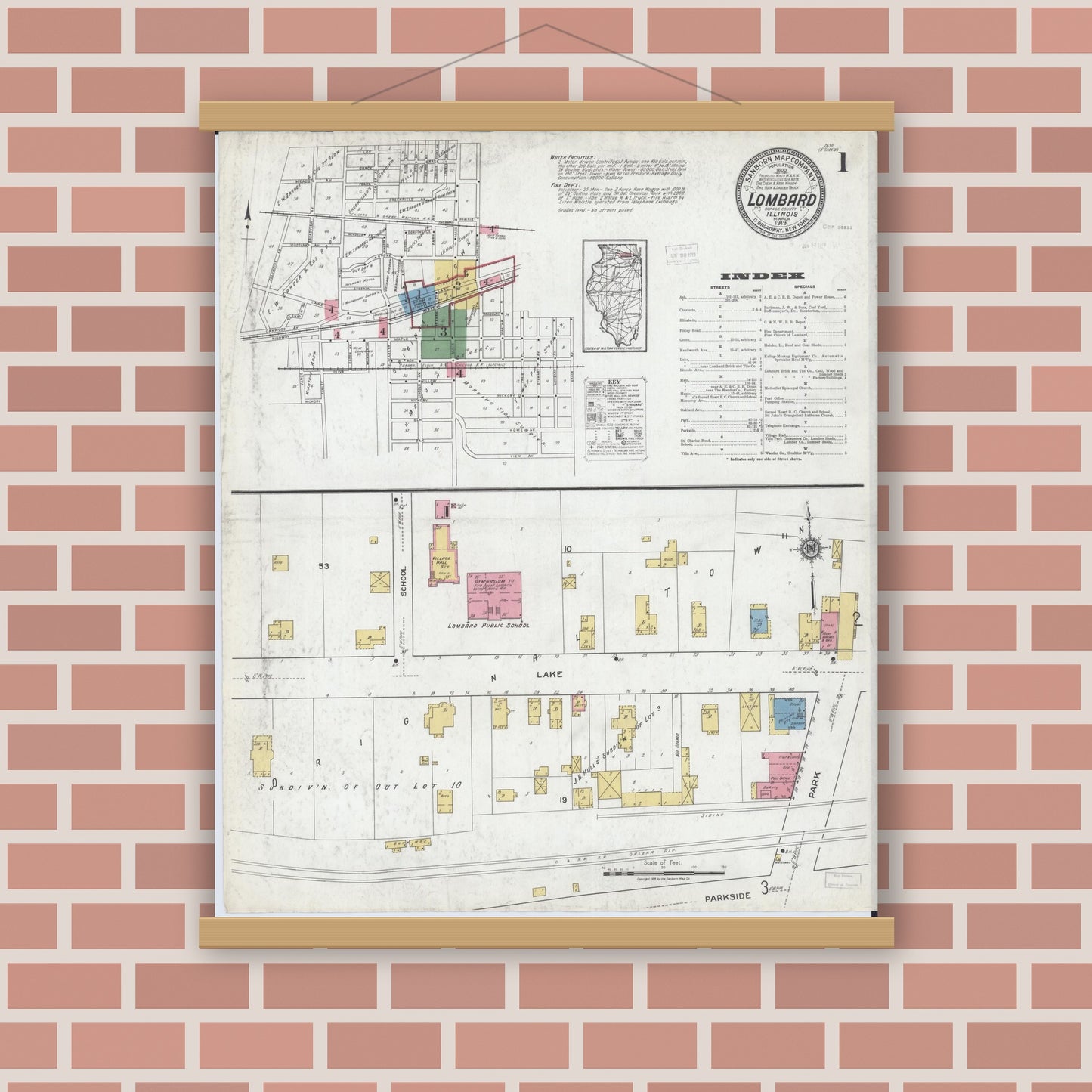 Old map wall art mockup — magnetic wood frame on brick wall — Sanborn Fire Insurance Map from Lombard, Du Page County, Illinois (1919), Sheet #0001