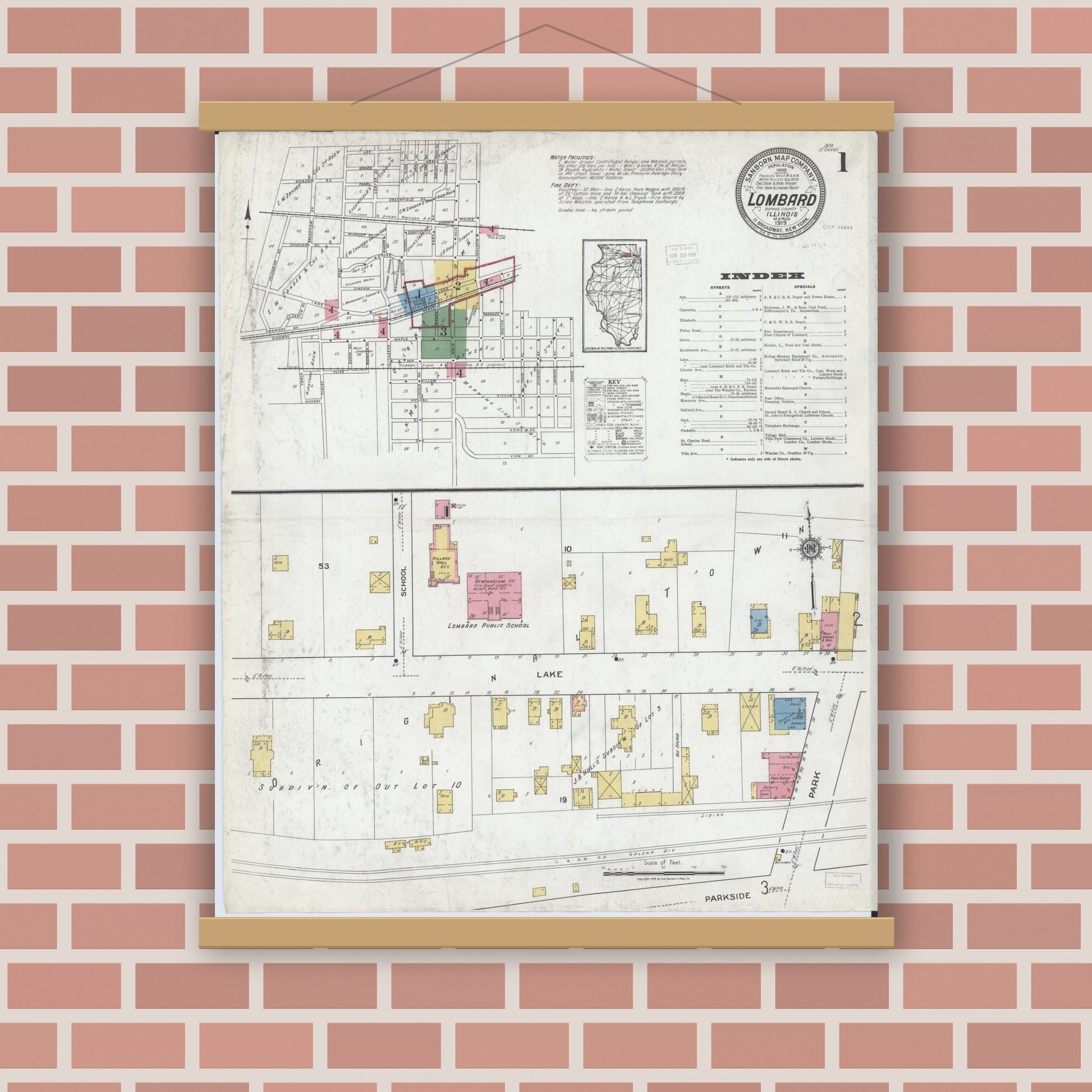 Old map wall art mockup — magnetic wood frame on brick wall — Sanborn Fire Insurance Map from Lombard, Du Page County, Illinois (1919), Sheet #0001