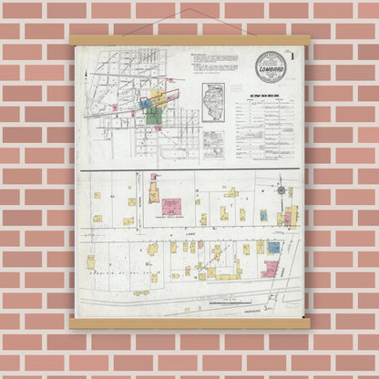 Old map wall art mockup — magnetic wood frame on brick wall — Sanborn Fire Insurance Map from Lombard, Du Page County, Illinois (1919), Sheet #0001