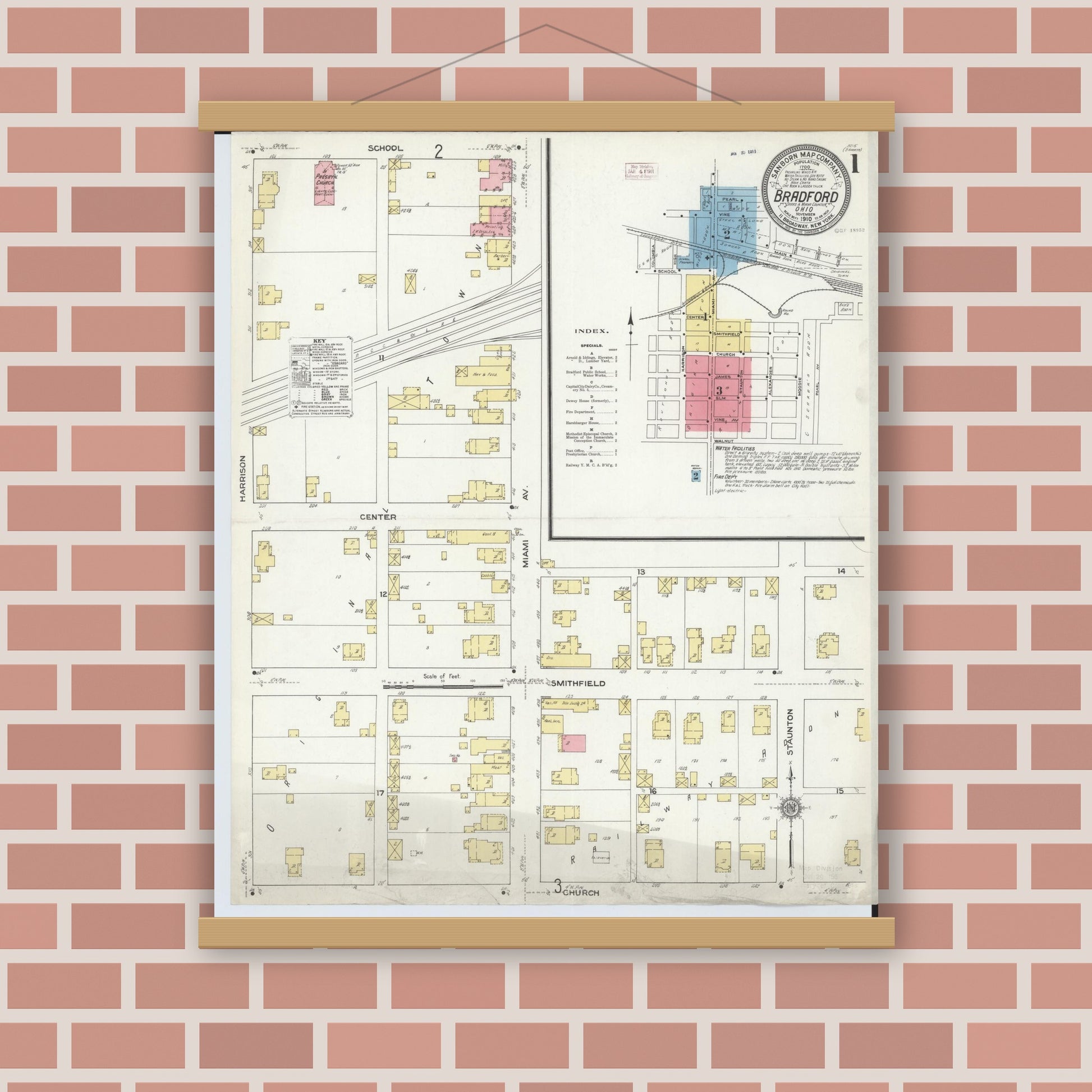 Old map wall art mockup — magnetic wood frame on brick wall — Sanborn Fire Insurance Map from Bradford, Darke and Miami Counties, Ohio (1910), Sheet #0001