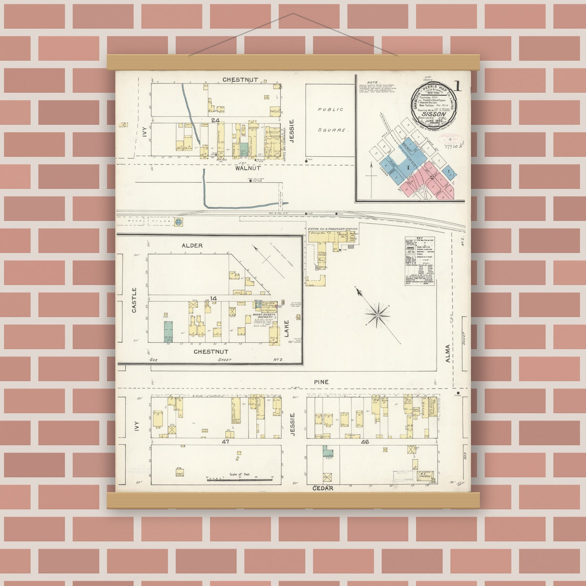 Old map wall art mockup — magnetic wood frame on brick wall — Sanborn Fire Insurance Map from Sisson, Siskiyou County, California (1892) - Complete Map Set