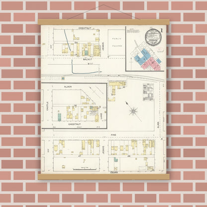 Old map wall art mockup — magnetic wood frame on brick wall — Sanborn Fire Insurance Map from Sisson, Siskiyou County, California (1892) - Complete Map Set