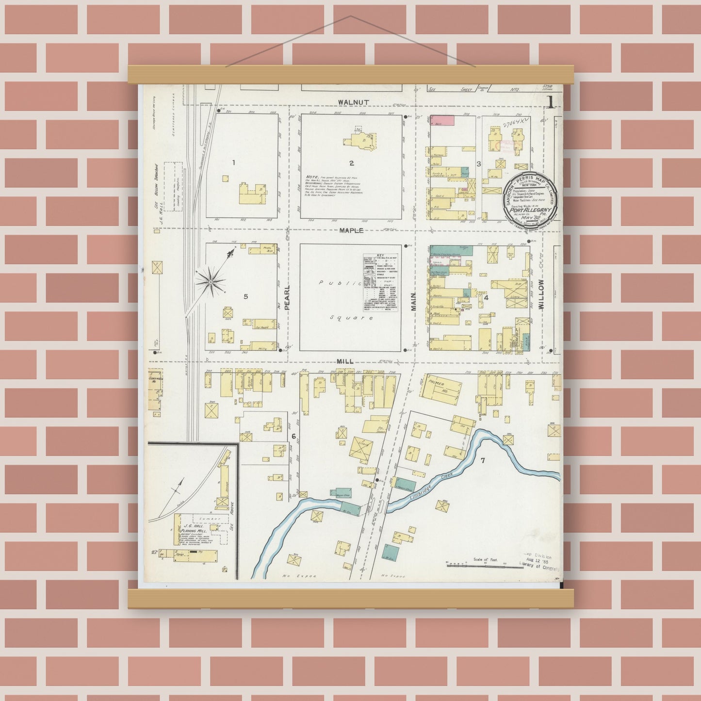 Old map wall art mockup — magnetic wood frame on brick wall — Sanborn Fire Insurance Map from Port Allegany, McKean County, Pennsylvania (1892) - Complete Map Set